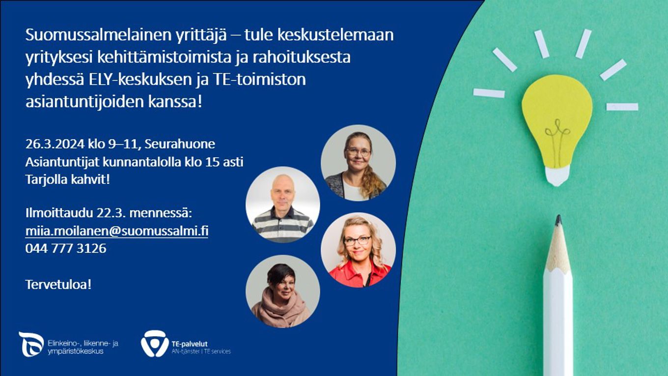 kuvituskuvassa samat tiedot kuin tekstissä, lisäksi neljän asiantuntijan kasvokuvat ja Ely-keskuksen ja TE-palvelluiden logot.