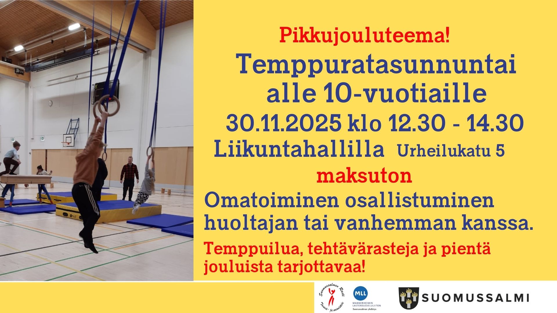 Kuvituskuvassa lapsia liikuntasalissa. Vasemmalla tapahtuman tiedot, jotka kerrotaan uutisessa. 