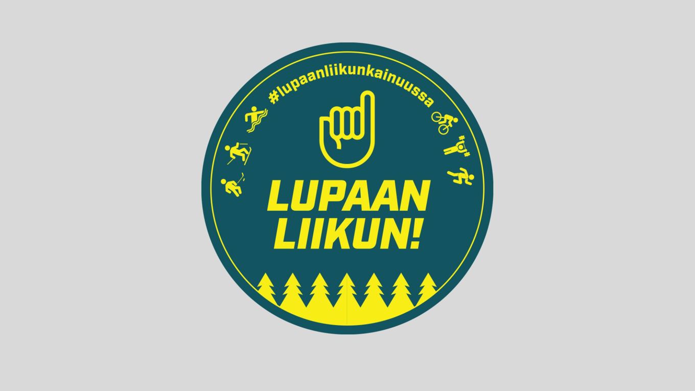 Kainuun liikkumisohjelman pyöreä logo, jossa vihreällä pohjalla keltaista tekstiä, mm. Lupaan liikun! Piirretty käsi pikkurilli pystyssä.