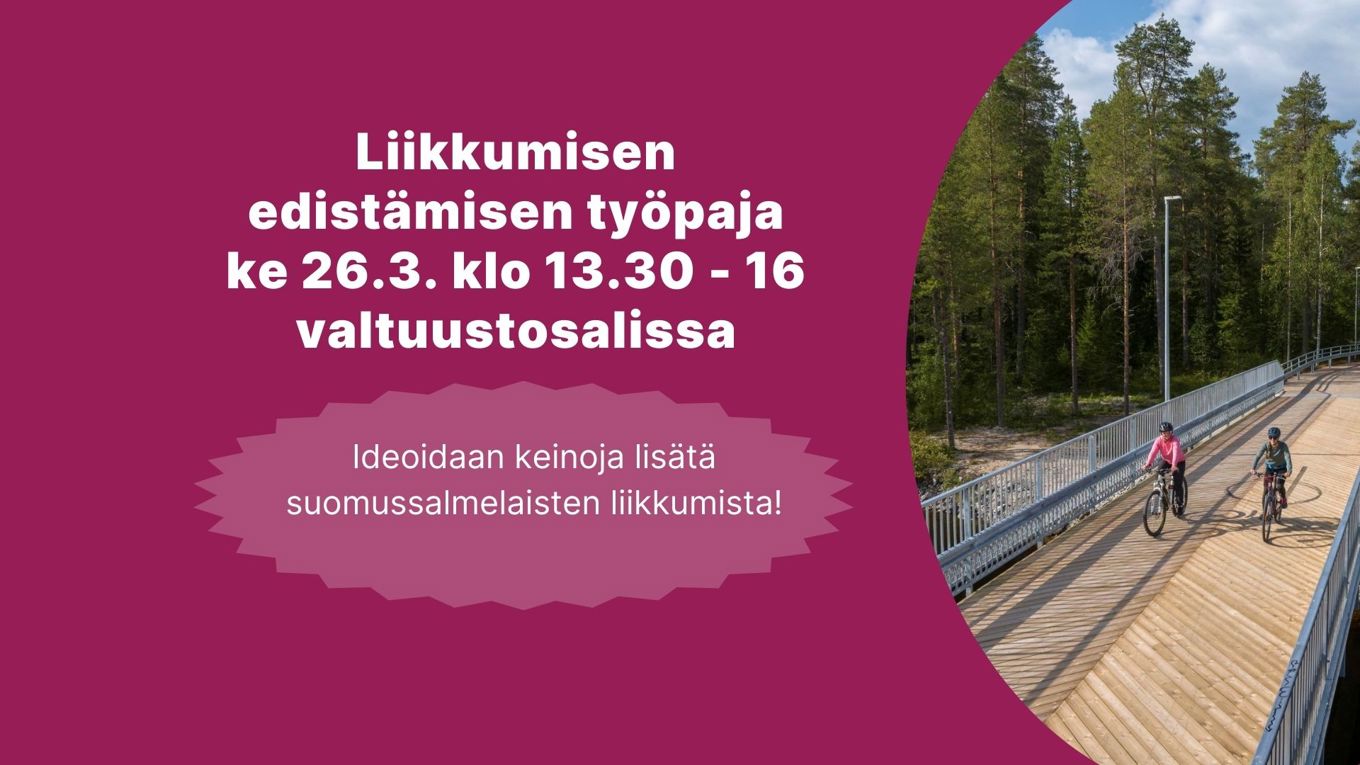 Oikeassa reunassa on soikea kuva kahdesta pyöräilijästä kevyen liikenteen sillalla, kuvattu kesällä ja dronella. Vasemmalla on viininpunaisella tekstiä, jossa samaa tietoa Liikkumisen edistämisen työpajasta kuin itse artikkelissa.