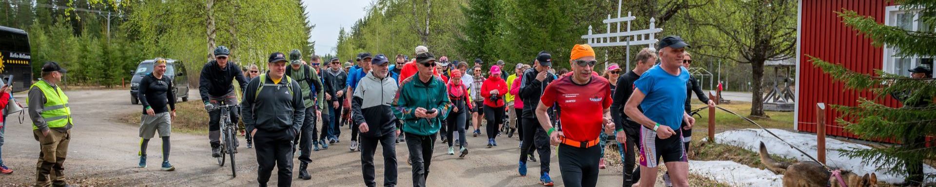 Joukko juoksijoita ja kävelijöitä soratiellä, alkukesän koivuja taustalla.