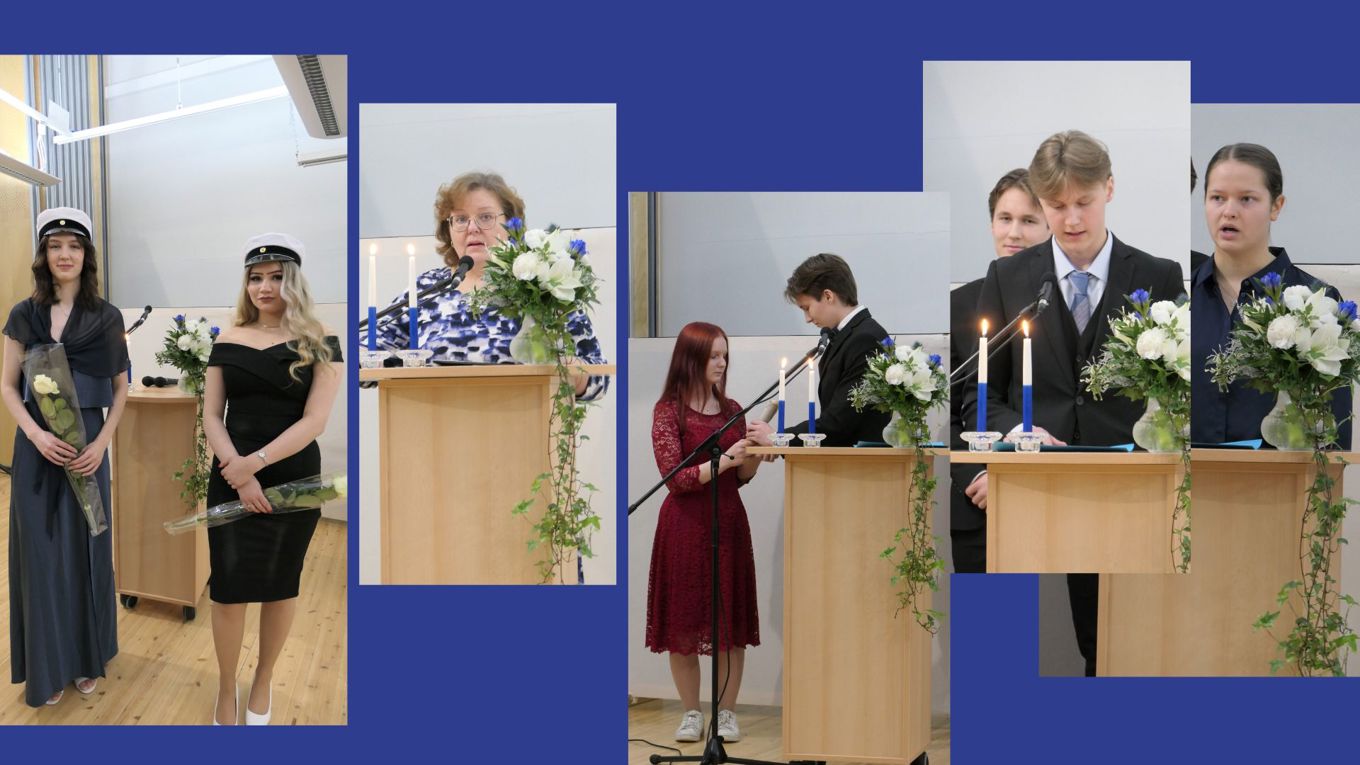 kuvakollaasi juhlassa puhuneista ja kahdesta ylioppilaasta.