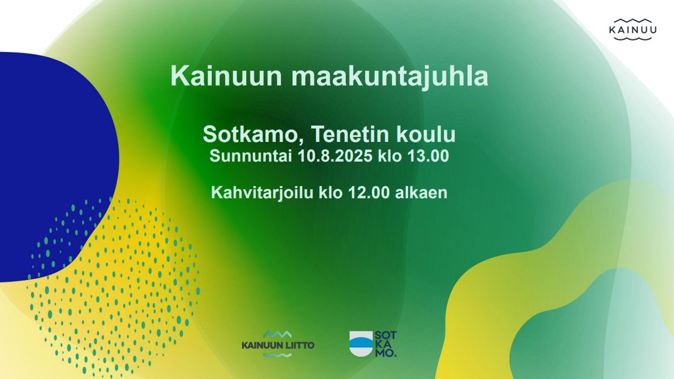 Kuvituskuvassa Kainuun brändivärejä ja logo, myös Sotkamon logo ja perustietoja maakuntajuhlasta.