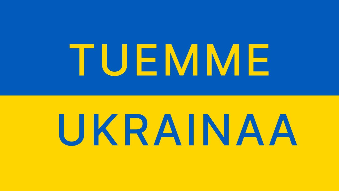 Kuvituskuvassa ukrainan lipun värit, ylhäällä sininen pohja ja teksti tuemme, alhaalla keltaisella pohjalla teksti ukrainaa.